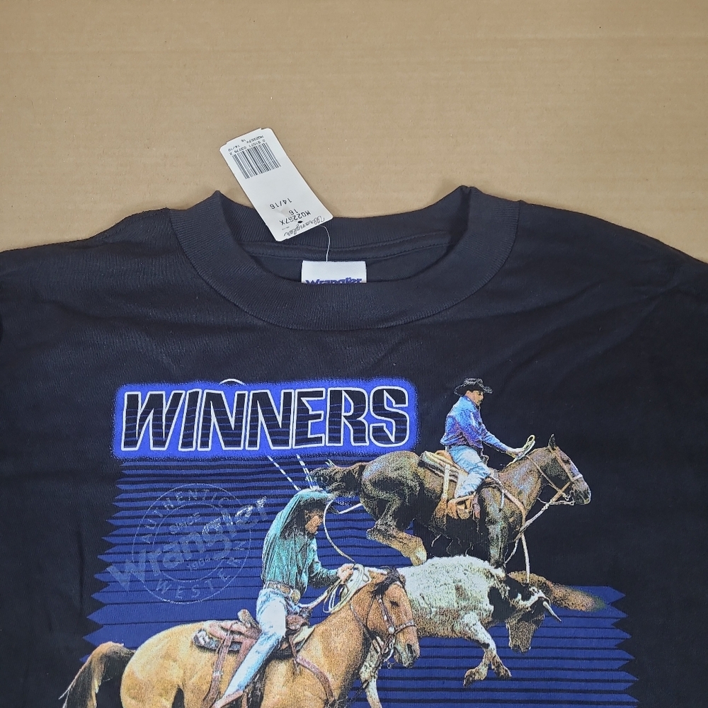 VTG‎ Y2k 2002 WRANGLER Kids XL 14-16  T SHIRT Winners Think Alike Calf Roping - Picture 7 of 11